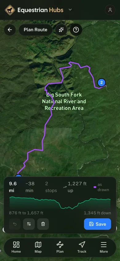 A planned route in the GoHubs app, with its distance, stops and elevation profile